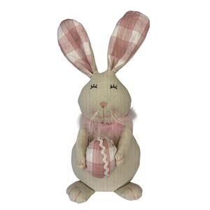 Cute Farmhouse Easter Bunny Plush Decor Pink Plaid Egg Neutral Spring Table